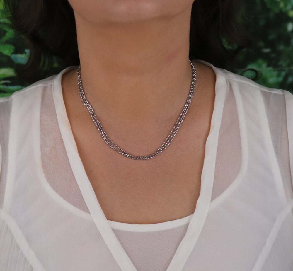 Sterling Silver Shiny Beaded Three Chain Necklace Choker 13" to 16" Adjustable - Picture 3 of 9